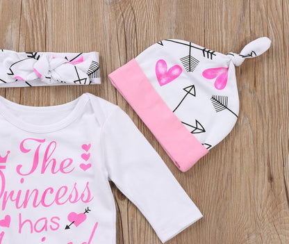 4 Pcs Baby Girls Pants Set Newborn Infant Toddler Letter Romper Arrow Heart Pants Hats Headband Clothes