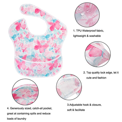 Waterproof Baby Bibs 100% Polyester TPU Coating Feeding Bibs Washable Baby Bibs with Food Catcher for Baby Girls & Boys