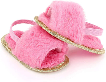 Newborn Infant Baby Plush Slippers Unisex Toddler Soft Sole Faux Fur Prewalker Sandals with Elastic Back Strap