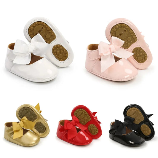 Baby Shoes Bowknot Rubber Sole Anti-Slip PU Ballet Slippers Baby Girl Dress Shoes First Walker Toddler Crib Shoes