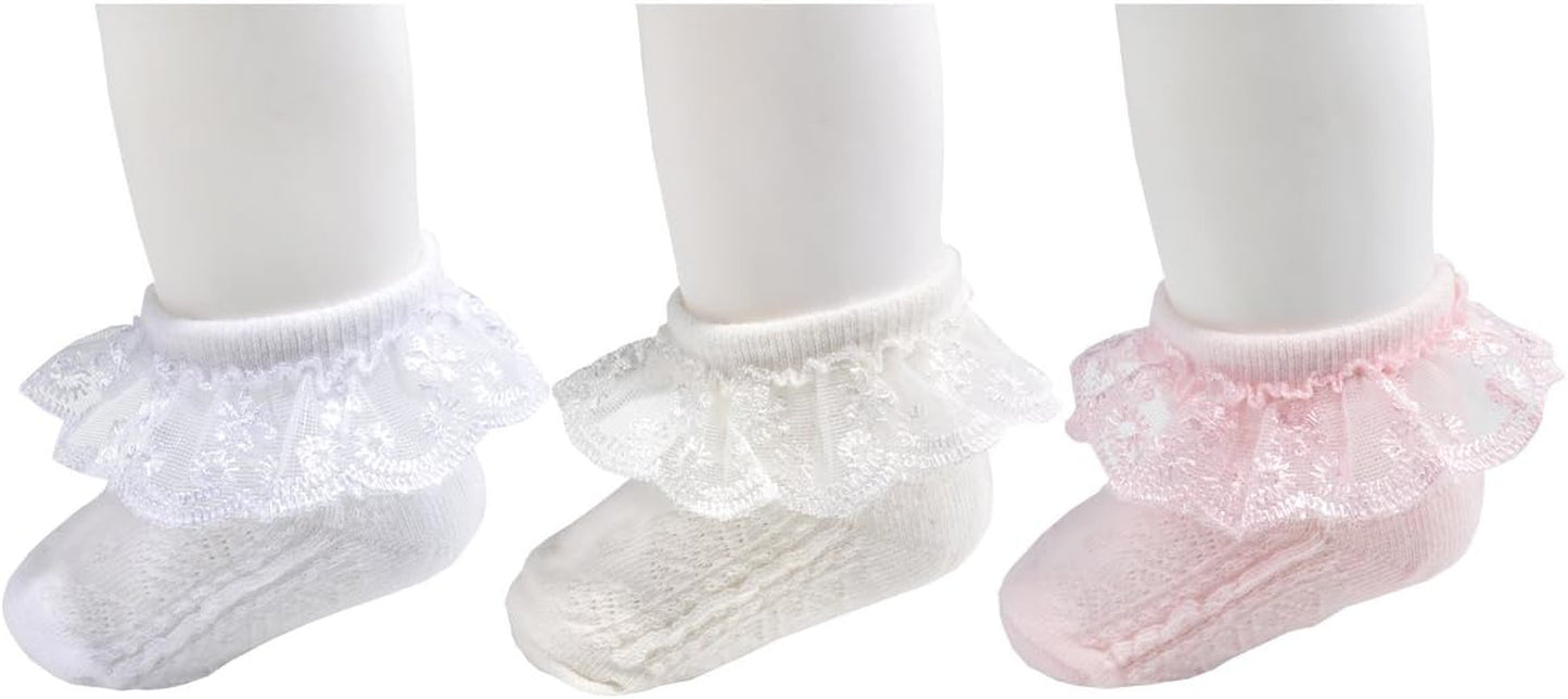 Baby-Girls Eyelet Frilly Lace Socks,Newborn/Infant/Toddler/Little Girls (Pack of 2/3/4/6)