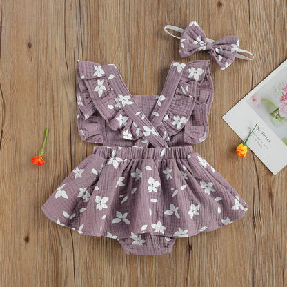 Baby Girls Daisy Playsuits Ruffled Bodysuit+Headband Print Fly Sleeve Romper Floral Jumpsuit Infant Summer Clothes